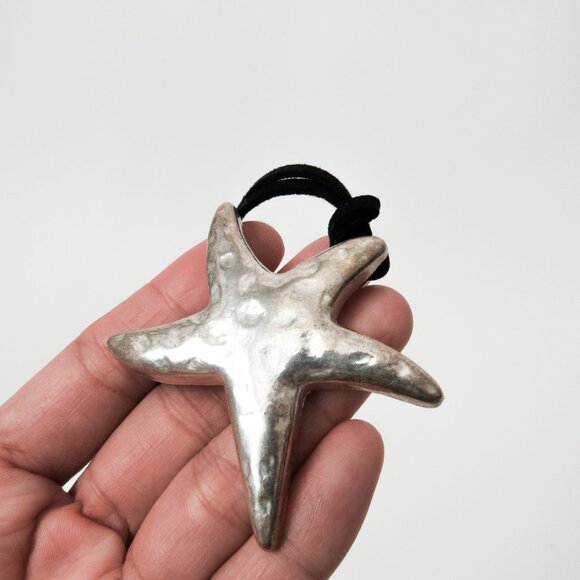 VINTAGE SILVER STAR METAL PENDANT NECKLACE Black Leather Lace Summer Jewelry - Picture 7 of 7